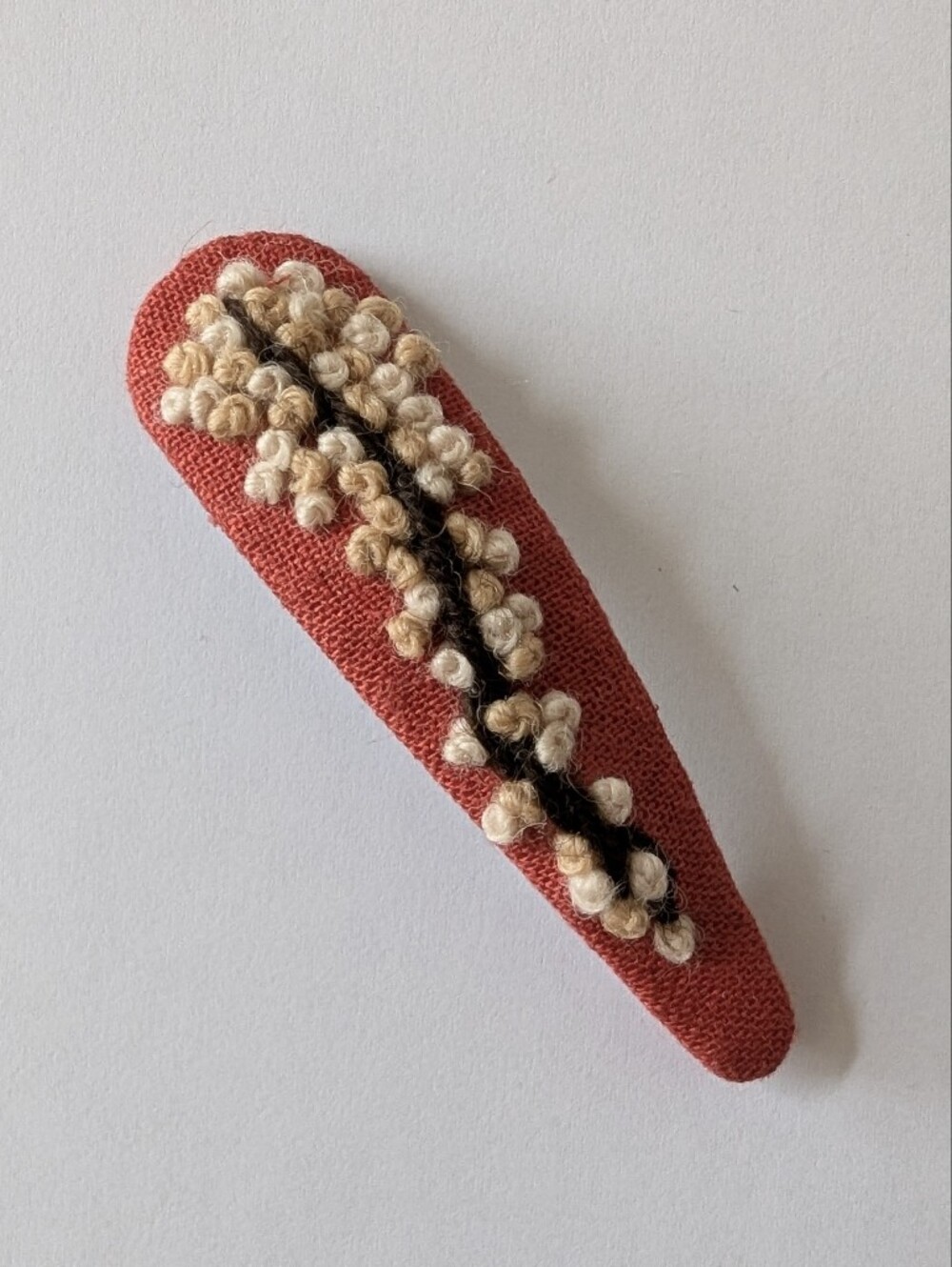 Autumn Branch On Orange Hand Embroidered Wool Linen Large Handmade Hair Clip